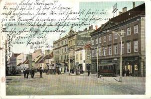 Sopron, Pannonia szálloda és Magyar Király szálloda, villamos Dürböck üzlet reklámja a házfalon (EK)