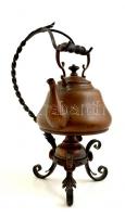 Teaforraló réz kannával,  kovácsoltvas állvánnyal, m:33 cm