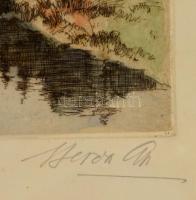 Beron Gyula (1885-1971):Táj vadásszal. Színezett rézkarc, papír, jelzett, üvegezett keretben, 29×38 ...