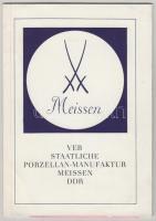 VEB Staatliche Porzellan-Manufaktur Meissen. DDR.  Dresden, é.n., Selecta-Druck. Fekete-fehér fotókkal, egy oldal védjegyekkel. Kiadói papírkötés német nyelven. Benne négy porcelánokról készült modern képeslapokkal.