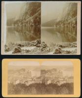 cca 1900 8 db keményhátú fotó különböző tájakról (christiania, Obersee, München, Gorges du Trient, stb.), 9x18 és 12x18 cm közötti méretekben