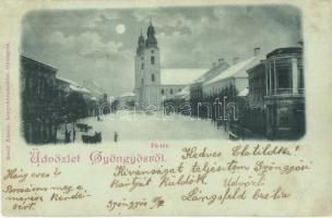 1899 Gyöngyös, Fő tér télen, sörház, üzletek, Szent Bertalan templom. Bendl Károly kiadása (EK)