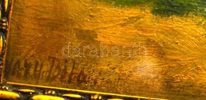 Olvashatatlan jelzéssel: Szieszta, olaj, vászon, üvegezett fa keretben, 23,5×31 cm