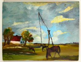 Gábri Albert (1935-2004): Legelésző lovak, olaj, farost, jelzett, 60×80 cm