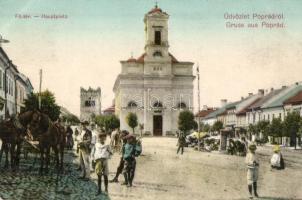 Tátra, Poprád; Fő tér, templom, piaci árusok / Hauptplatz / main square, church, market vendors