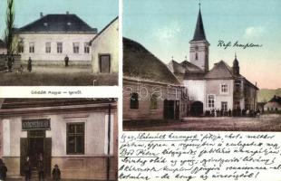 Magyarigen, Ighiu; Református templom, utcakép, üzletek, gyógyszertár. Adler fényirda / church, shops, pharmacy, street view