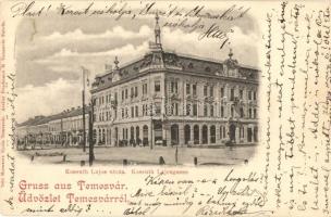 1899 Temesvár, Timisoara; Kossuth Lajos utca, Takarékpénztár, üzletek. Moravetz Gyula kiadása, Atelier Friedmann M. / street view, savings bank, shops