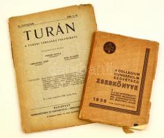 1926-1936 a Turán 9. évf. (1926) 1-2. lapszáma, érdekes írásokkal, sérült papírkötésben + A Collegium Hungaricum Szövetség zsebkönyve 1936, elváló papírkötésben