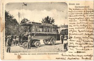 Nagyszeben, Hermannstadt, Sibiu; Der I. Omnibus der neuen elektrischen Strassenbahn. Bahnhof-Schewisgasse / A villamos-hálózat első elektromos omnibusza Nagyszebenben, a vasútállomás és a Schewis utca között közlekedik. G. A. Seraphin kiadása, Jos. Drotleff. / the first electric omnibus (tram car) in Sibiu, runs between the railway station and Schewis street (fl)