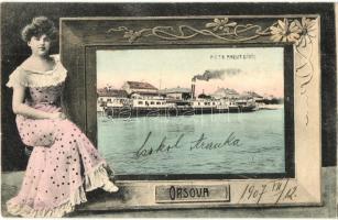 Orsova, MFTR Margit oldalkerekes gőzhajó a kikötőben. hölgyes montázslap / Hungarian passenger steamship in the port. Art Nouveau lady montage (EK)