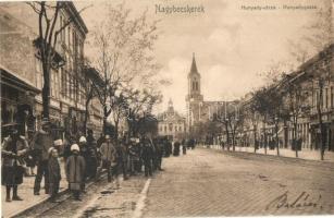 Nagybecskerek, Zrenjanin, Veliki Beckerek; Hunyady utca, Galler üzlete, templom / street view, shops, church