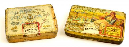 Dimitrino és Le Khedive fém cigarettás doboz, kopásnyomokkal, 10,5x7,5x2 és 11x7x2 cm