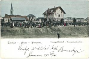 1900 Pancsova, Pancevo; Temesquai Bahnhof / Temes-parti vasútállomás, gőzmozdony, tömeg / Timis riverside, crowd at the railway station, locomotive (EK)