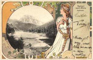 Gyergyószentmiklós, Gheorgheni; Gyilkos-tó. szecessziós hölgy díszítés / Lacul Rosu lake. Art Nouveau lady art postcard (EK)