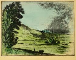 Komjáti-Wanyerka Gyula (1894-1958): Tájkép. Színezett rézkarc, papír, jelzett, üvegezett keretben, 28×38 cm
