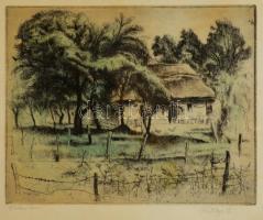 Komjáti-Wanyerka Gyula (1894-1958): Falusi ház. Színezett rézkarc, papír, jelzett, üvegezett keretben, 23×29 cm