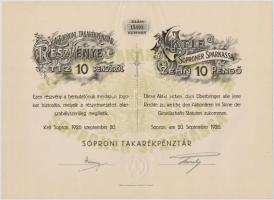 Sopron 1926. "Soproni Takarékpénztár" részvénye 10P-ről, magyar és német nyelvű, szárazpec...