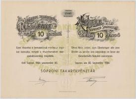 Sopron 1926. "Soproni Takarékpénztár" részvénye 10P-ről, magyar és német nyelvű, szárazpec...