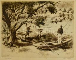 Kiss Terézia (1928-): Horgászok. Rézkarc, papír, jelzett, üvegezett keretben, 29×38cm
