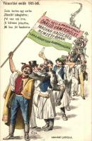 Választási emlék 1901-ből: Száz kortes egy sorba, zászlót lobogtatva... Mi kell a magyarnak? / Hungarian elections, humour, litho (EK)