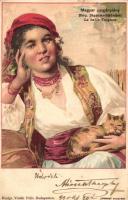 1899 Magyar cigánylány. Vidéki Félix kiadása. Kosmos / Ung. Zigeunerschönheit / La belle Tzigane / Hungarian gypsy folklore. litho (kis szakadás / small tear)