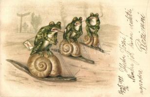 1899 Frogs riding snail-back, humor. litho (EK)