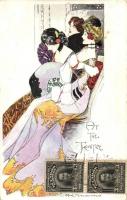 At the theatre. Art Nouveau lady art postcard. S. Hildesheimer & Co. TCV card s: A. K. Macdonald (EK)