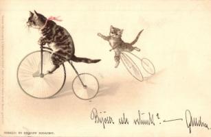 1899 Cats on bicycles. Meissner & Buch Postkarten Serie 1042. Katz u. Hund in frohem Bund. litho (EK)