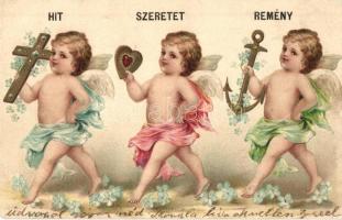 Hit, Remény, Szeretet / Angels greeting card. Emb. floral litho (EK)