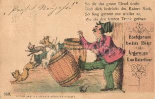 1896 (Vorläufer!) Hochgenuss beim Bier. Argernuss das Katerthier / cats in the beer barrel, humor. Litogr. Anst. v. L. Zrenner (EK)