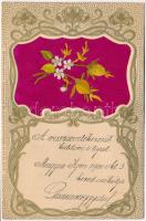 Art Nouveau selyem-üdvözlőlap hímzett virágokkal. Szabadalom és kiadótulajdonosok W. Gy. és B. D. S. / Art Nouveau silk greeting card with embroidered flowers. golden decorated litho