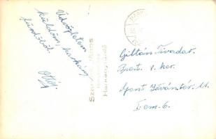 1955 Harkányfürdő, Szerencsésen érkeztem! humoros modern képeslap, vasútállomás. Szarvas János fényk...