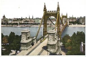 Budapest - 2 db régi képeslap: Nemzeti színház, Erzsébet-híd, villamosok