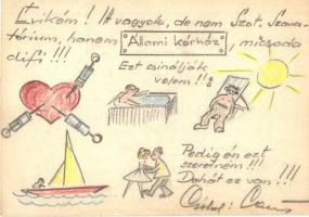 1972 Kórházi üdvözlet. kézzel rajzolt művészi lap / Greetings from the hospital. hand-drawn art postcard (EK)