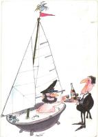Bathtub as a sailing boat, waiter. Humorous modern postcard (EK)