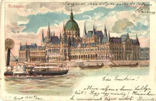 Budapest V. Országház, Parlament, Passau gőzhajó. Kunstanstalt Kosmos litho s: Geiger R. (EK)