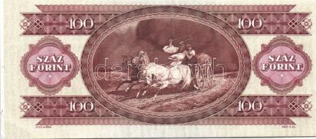 1989. 100Ft elő- és hátlap extrém balra és felfelé csúszva, előlapon jobb oldalon vörös színpróba, h...