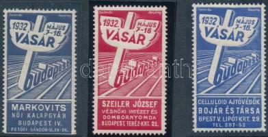 1932 Budapest Nemzetközi Vásár 3 klf levélzáró