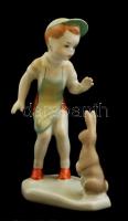 Aquincumi porcelán kisfiú nyuszival, kézzel festett, jelzett, hibátlan, m: 12 cm
