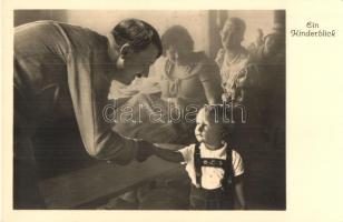 Ein Kinderblick. Adolf Hitler with child. NSDAP German Nazi Party propaganda. Photo Hoffmann 582.