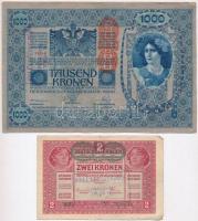 1902. 1000K + 1916. 1K mindhárom Deutschösterreich felülbélyegzéssel és hamis Felűlbélyegzés Palánk község 1919 (fake overprint) T:III,I-