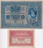 1902. 1000K + 1916. 1K mindhárom "Deutschösterreich" felülbélyegzéssel és hamis "Felű...
