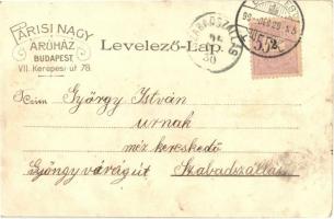 1899 Budapest VII. Kerepesi út 78. (Rákóczi út) Párisi Nagy Áruház reklámlapja, villamos, Nagy körút...