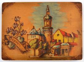 Fa dobozka kézzel festett Sopron városképpel és felirattal, 17,5x13,3 cm