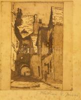 Rákosi Uitz János (1887-?): Utca részlet. Rézkarc, papír, jelzett, üvegezett keretben, 12×7,5 cm