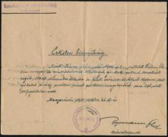 1920-1921 Szombathelyi utászzászlóalj 1. századának népfölkelőjének igazolványi lapja és erkölcsi bi...