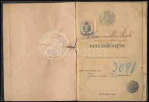 1890-1929 Bp., Rézesztergályos segéd munkakönyve, 15 kr. okmánybélyeggel, számos bejegyzéssel