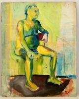 Pór jelzéssel: Ülő férfi akt. Olaj, farost, keretben, 78×63 cm