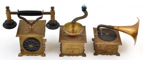 3 db mini réz tárgy: telefon, gramofon, kávédaráló, m: 5,5 és 7 cm között