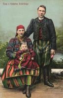 3 db régi folklór motívumlap, népviseletek: lengyel, tót, magyar / 3 pre-1945 folklore motive cards, traditional costumes: Polish (Lowicz County), Tót, Hungarian